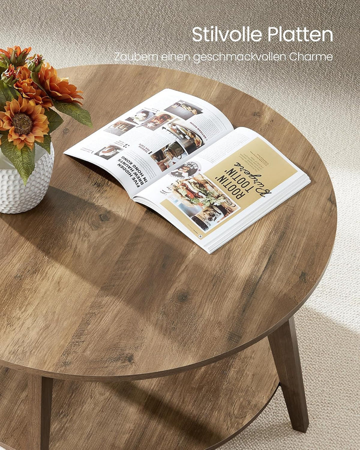 VASAGLE Couchtisch rund, Wohnzimmertisch 2 Ebenen, Kaffeetisch für Wohnzimmer, 80 cm d, 45 cm H, ein