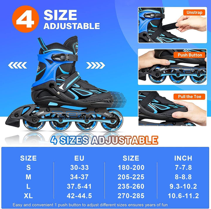 2PM SPORTS Verstellbar Inliner für Kinder, Leucht Inline Skates Rollschuhe für Damen/Herren Blau Sma