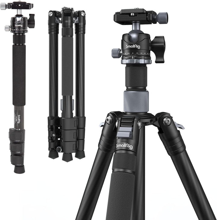 SMALLRIG Karbonfaser-Stativ mit Mittelsäule, Carbon Fiber Tripod abnehmbarem Einbeinstativ, 360°-Kug