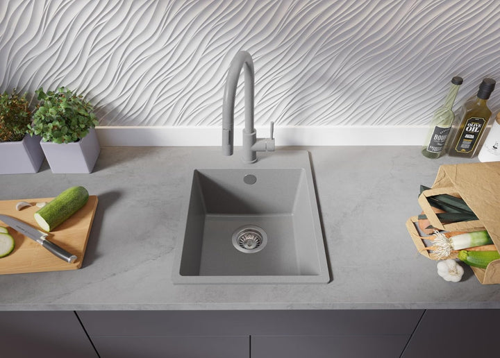 PRIMAGRAN Spülbecken Grau 38x50cm, Granitspüle 1 Becken + Ablauf-Set + Schneidebrett, Küchenspüle ab