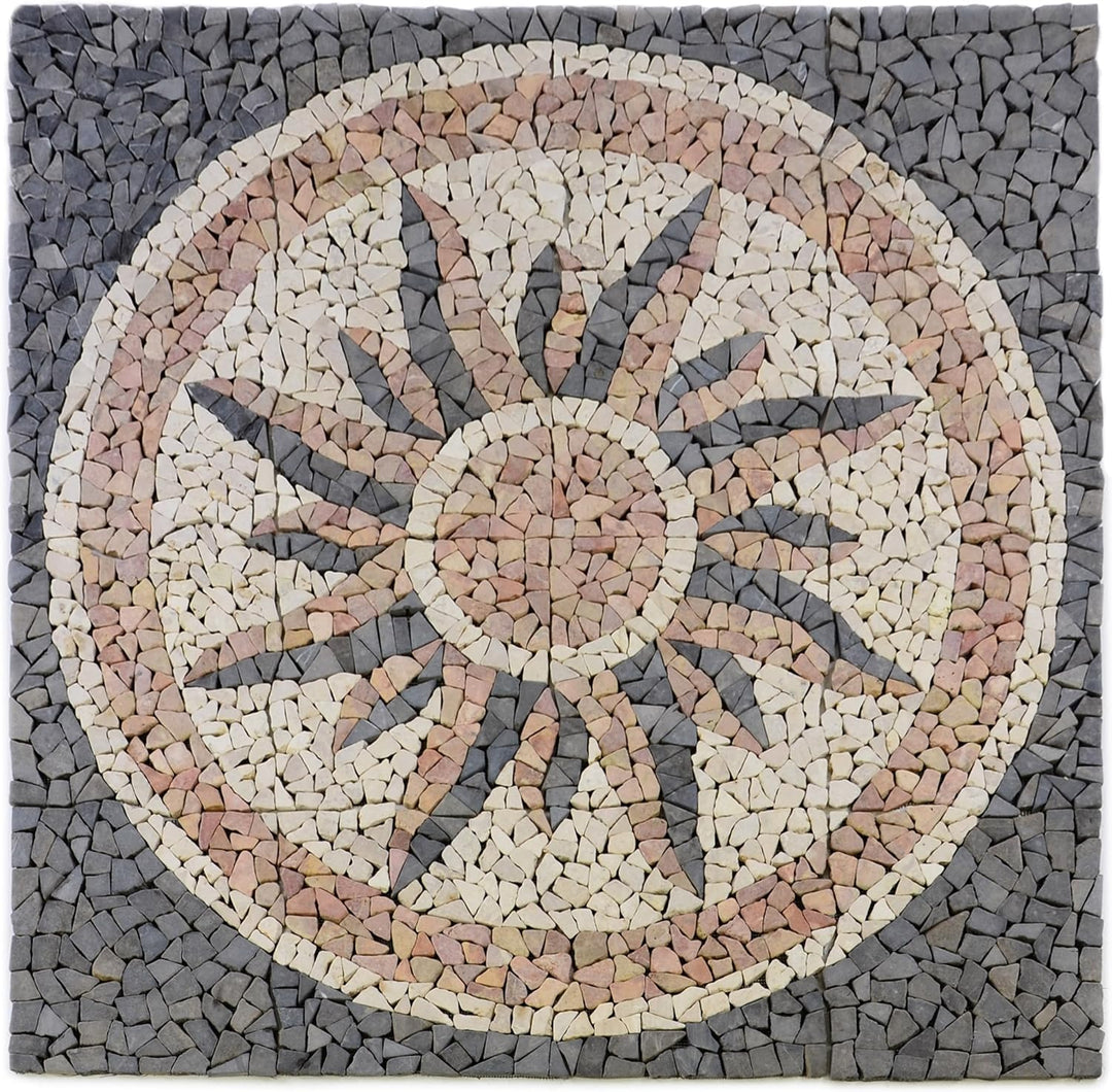 Divero Fliesen Rosone Blume Sonne Windrose Naturstein Mosaik Marmor dekorativ Creme-grau-rosé 120x12