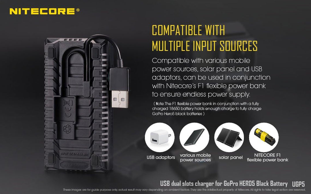Nitecore UGP5 Dubbele Lader voor GoPro Hero5/Hero6/Hero7 Accu + Indicator + USB