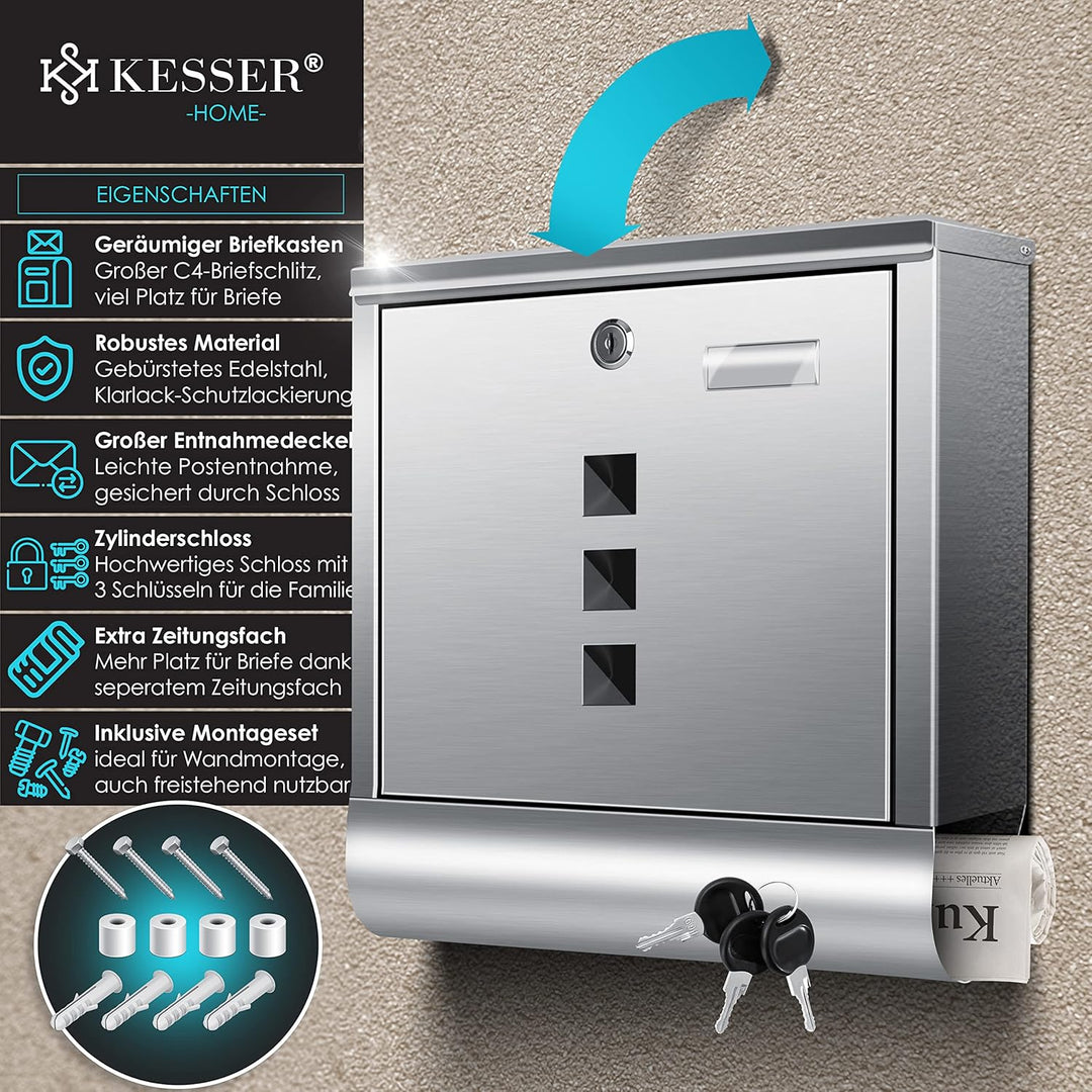 KESSER® Briefkasten Edelstahl mit Zeitungsfach Namensschild, Sichtfenster, gebürstet, 3X Schlüssel a