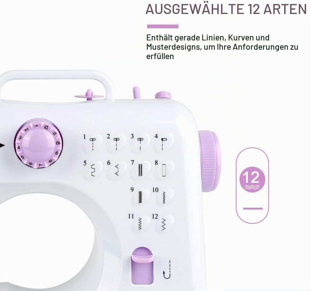 12 Stichmuster Nähmaschine für Kinder und Anfänger, Mini-Nähmaschine mit Fusspedal, Arbeitslicht, Zu