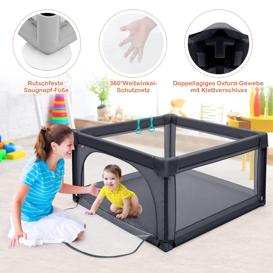 DREAMADE 120 x 120 cm Laufstall Baby, Laufgitter mit 50 Spielbällen & 2 Zugring, Schutzgitter mit At