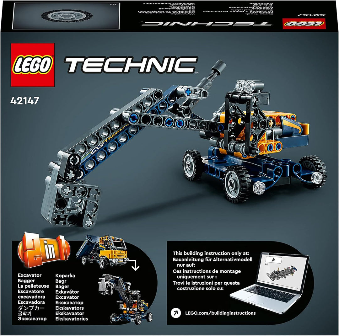 LEGO 42147 Technic Kipplaster Spielzeug, 2in1-Set mit Konstruktions-Modell und Bagger-Spielzeug, tec