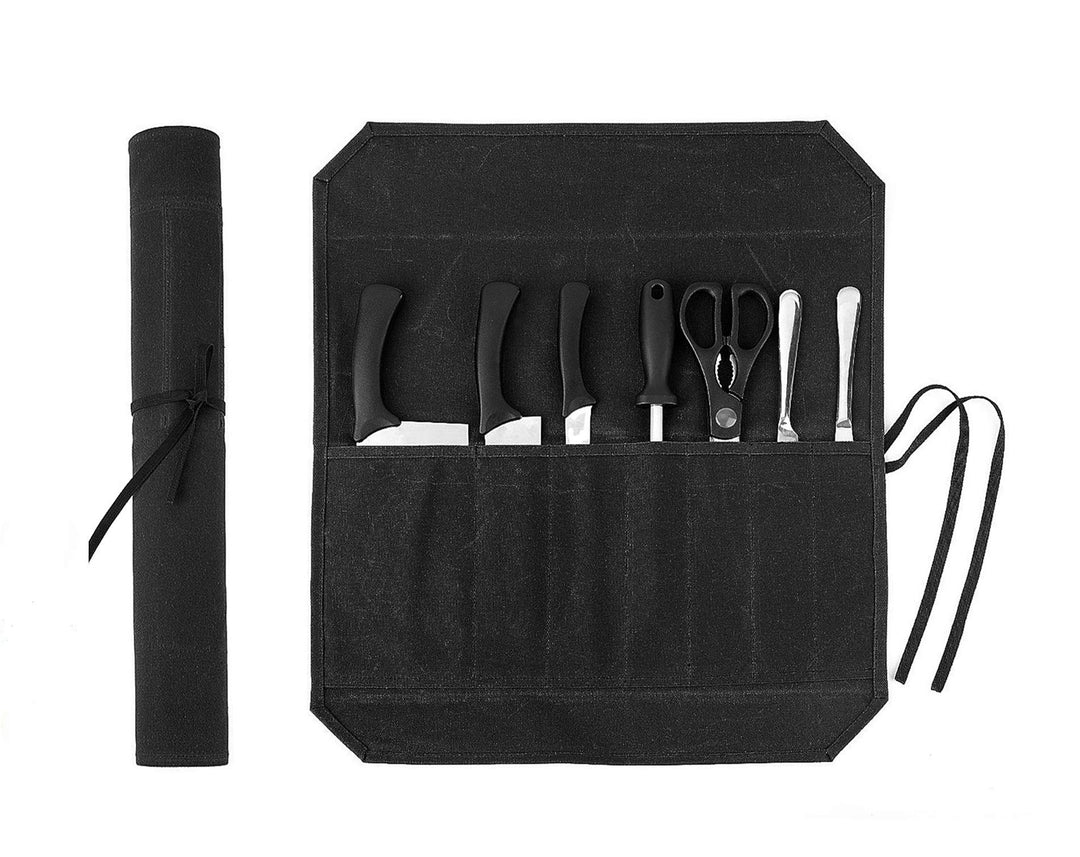 Denifiter Messer-Rolltasche für Köche, 7 Fächer, strapazierfähiges gewachstes Segeltuch, schwarz