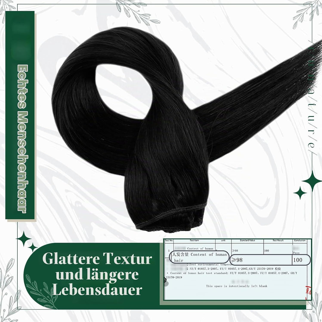 RUNATURE Clip in Extensions Echthaar Schwarz Glatt 40cm Echthaar Extensions Clip Naturliches Schwarz