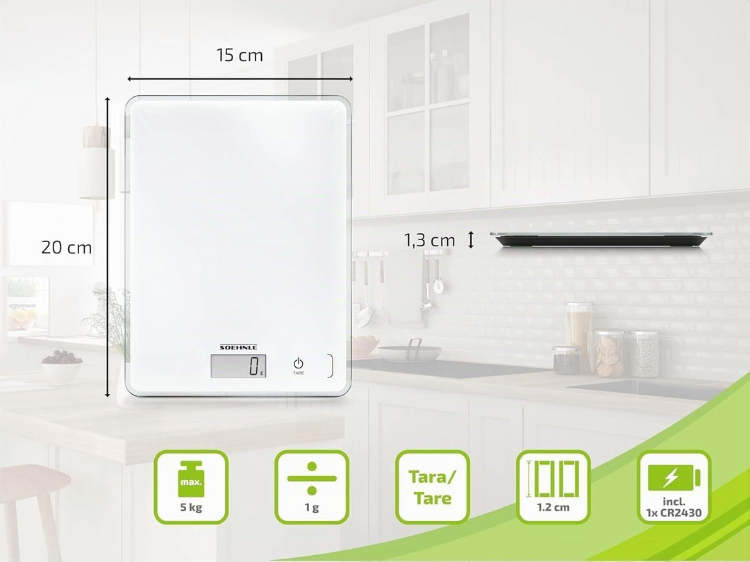 Soehnle Küchenwaage Page Compact 300 weiss, digitale Küchenwaage bis zu 5 kg Tragkraft, Waage mit le