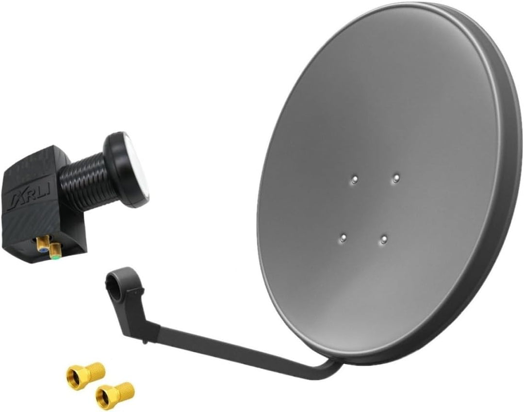60cm HD Sat Anlage Twin LNB + 2 F-Stecker Digital 2 Teilnehmer Antenne grau UHD 4K + 2x F-Stecker, +