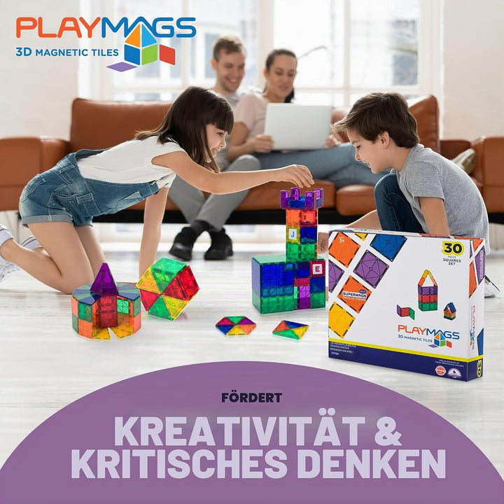 Playmags Starter Kit - 30 Stück Squares Set: Jetzt mit stärkeren Magneten, Robust, Super-Durable Mag