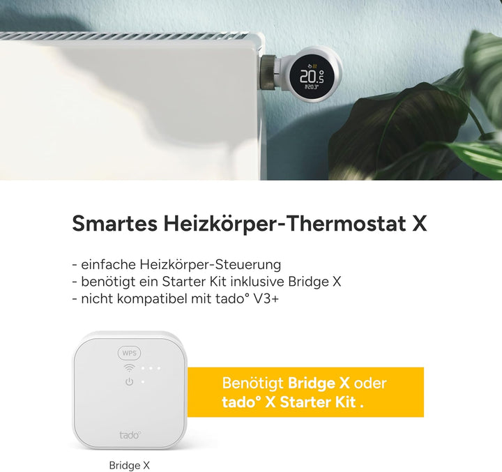 tado° Smartes Heizkörperthermostat X, Heizungssteuerung per App und Smart Speaker (Alexa, Siri, Goog