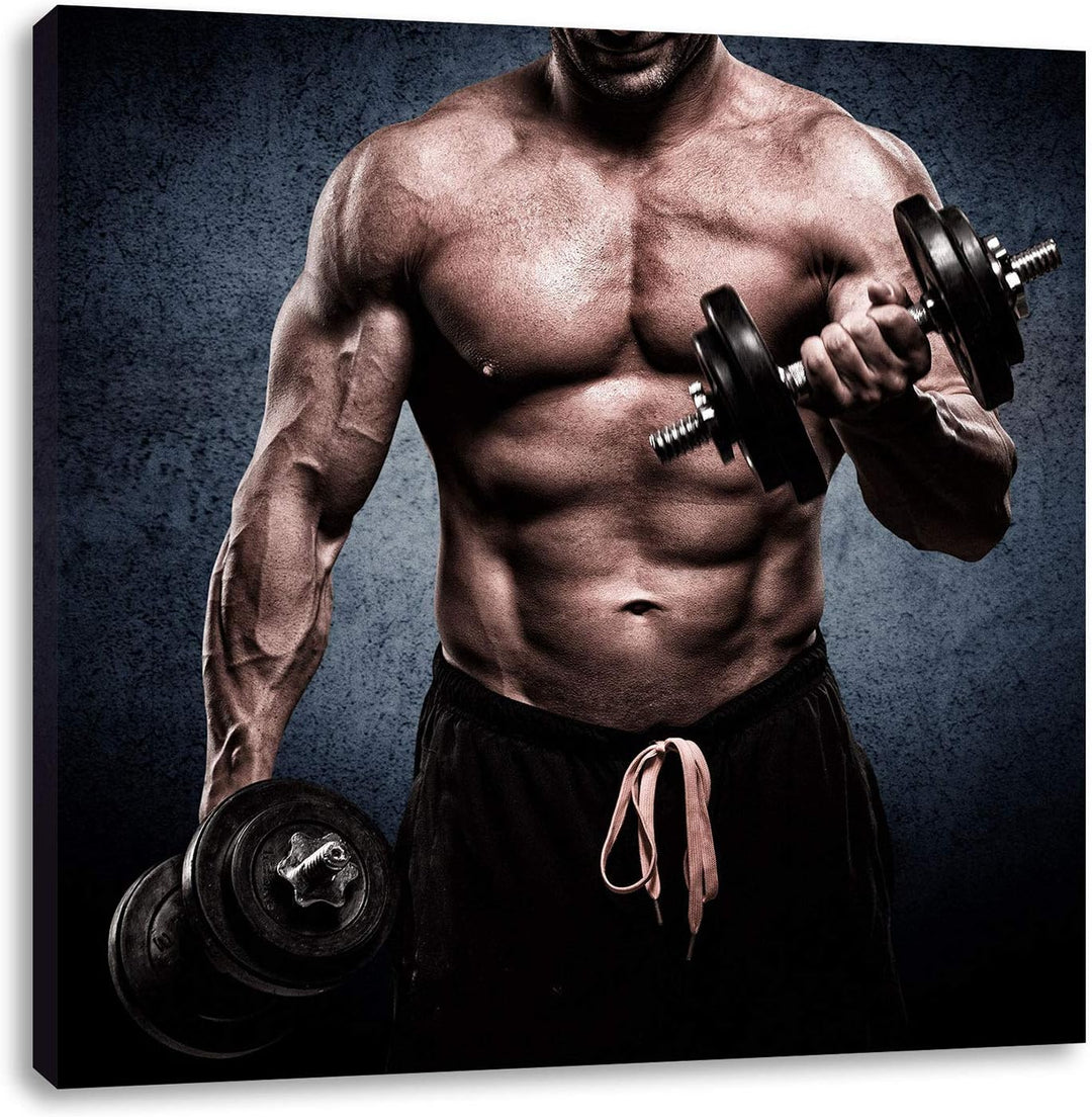 Pixxprint Starker Bodybuilder mit Hantel, Format: 70x70 auf Leinwand, 70x70