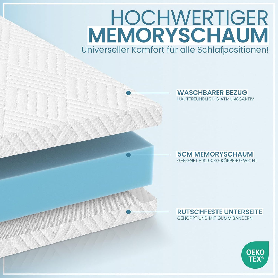 Hochwertiger Topper 180x200cm 5cm hoch - Matratzentopper mit weicher, kühlender Gel-Memoryschicht bi