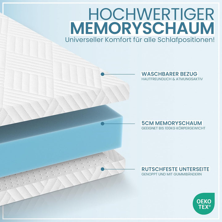 Hochwertiger Topper 180x200cm 5cm hoch - Matratzentopper mit weicher, kühlender Gel-Memoryschicht bi