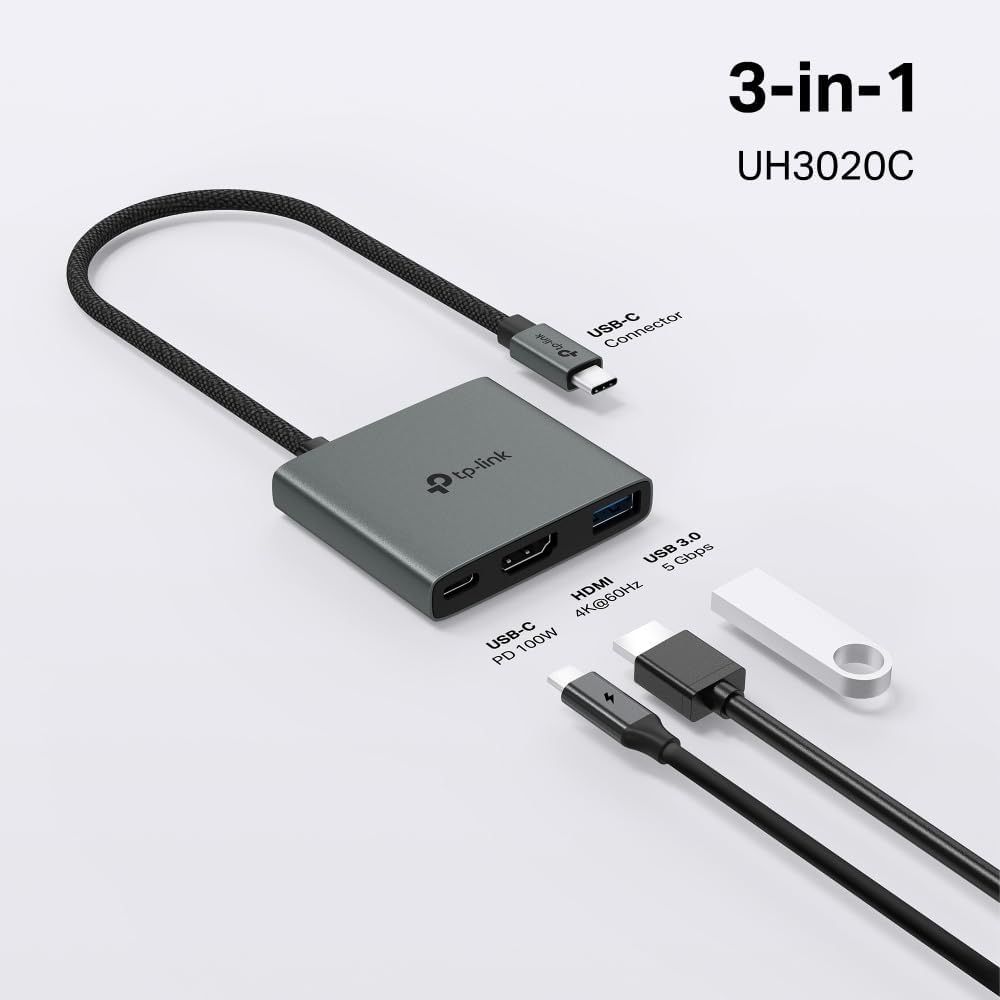 TP-Link UH3020C USB C Hub PD100W, 4K 60Hz HDMI, 5Gbps USB-A 3.0, Plug &amp; Play, Kompatibel mit Mac OS,