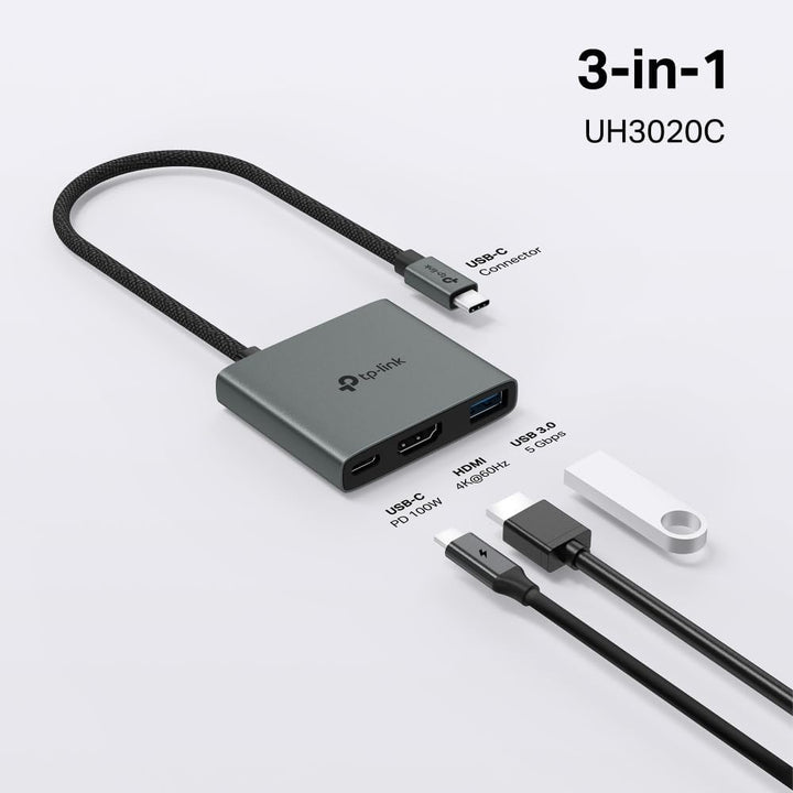 TP-Link UH3020C USB C Hub PD100W, 4K 60Hz HDMI, 5Gbps USB-A 3.0, Plug &amp; Play, Kompatibel mit Mac OS,