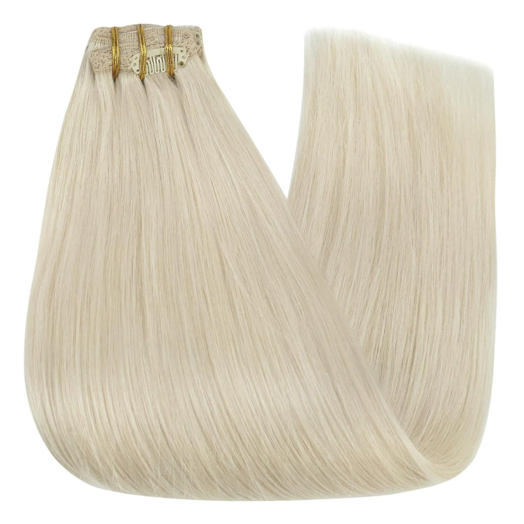 YoungSee Echthaar Extensions Clip Blond 40 cm Clip in Extensions Platinblond Clip in Extensions Echt