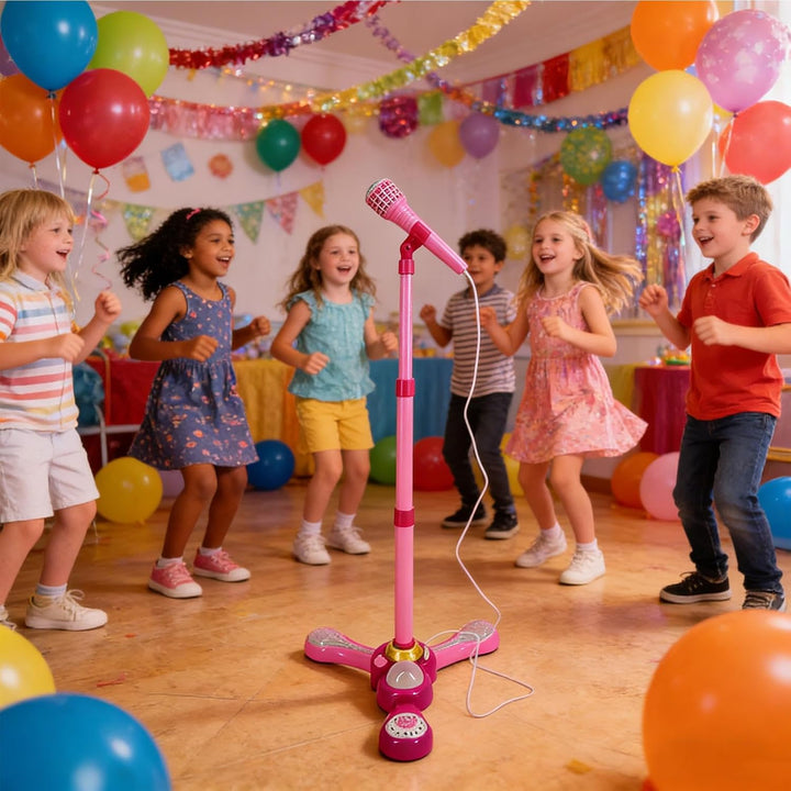 Kindermikrofon mit verstellbarem Ständer, rosa Karaoke-Maschine mit LED-Lichtern, Musikmikrofon zum