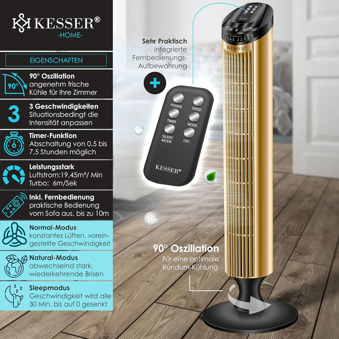 KESSER® Turmventilator mit Fernbedienung | 90° Oszillationswinkel | 3 Stufen | 90 cm |+ Timerfunktio