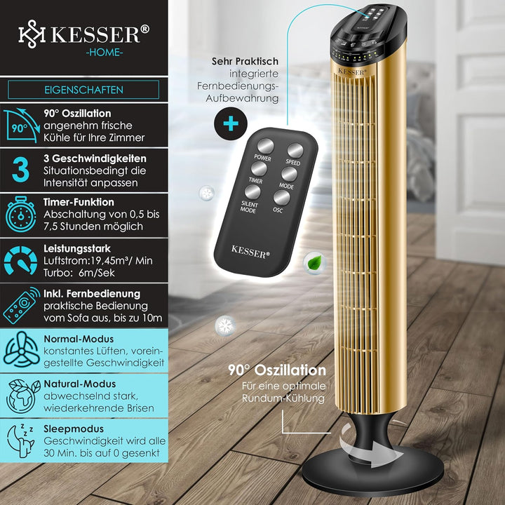 KESSER® Turmventilator mit Fernbedienung | 90° Oszillationswinkel | 3 Stufen | 90 cm |+ Timerfunktio