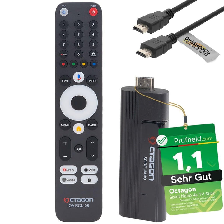 [ Test SEHR GUT, Note 1.1 *] OCTAGON Spirit Nano 4K UHD Android TV Stick + DVBSHOP HDMI Adapter, für