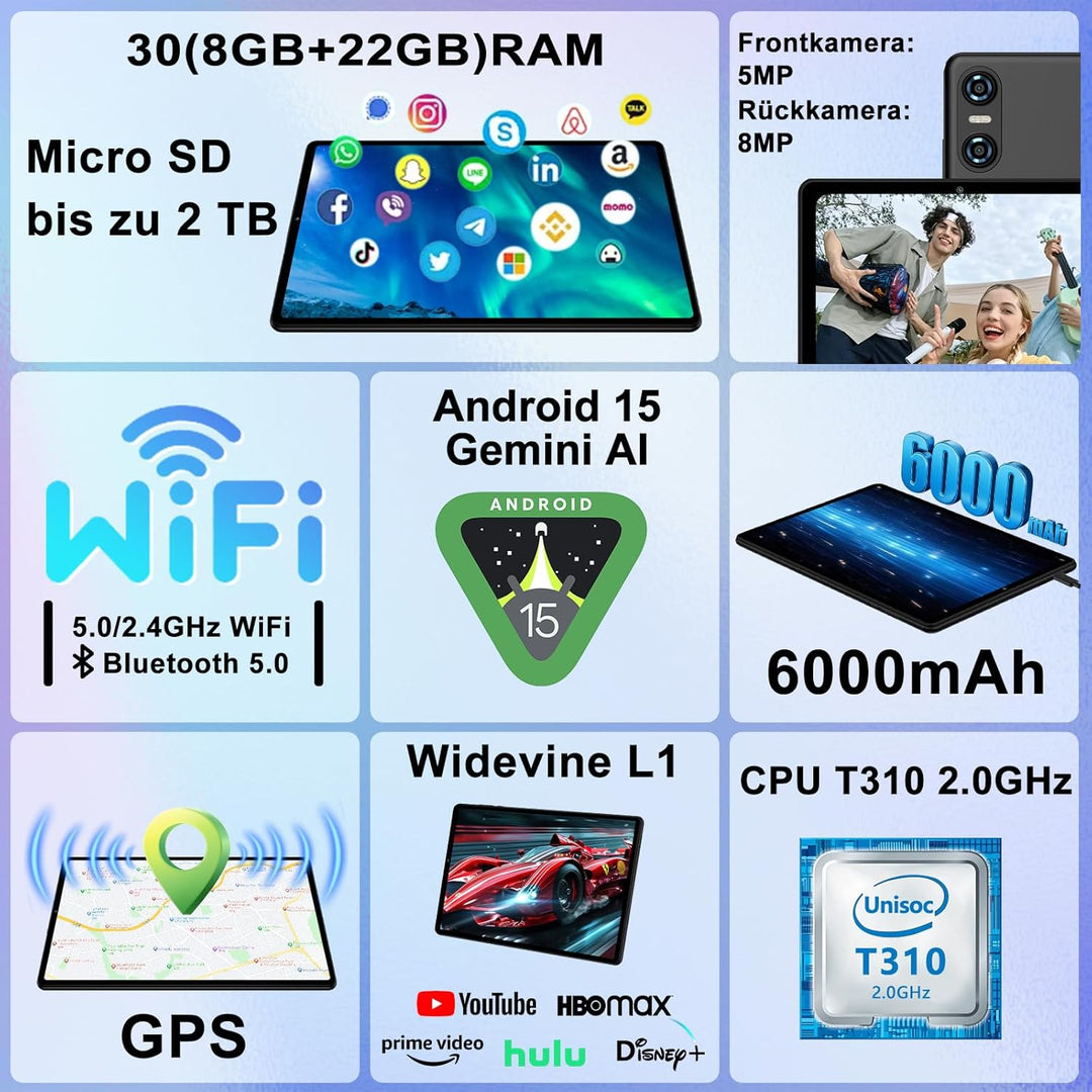 Android 15 Tablet 10 Zoll mit Gemini AI, 30 GB RAM + Erweiterbar auf 2 TB ROM, Widevine L1, 5G WLAN,