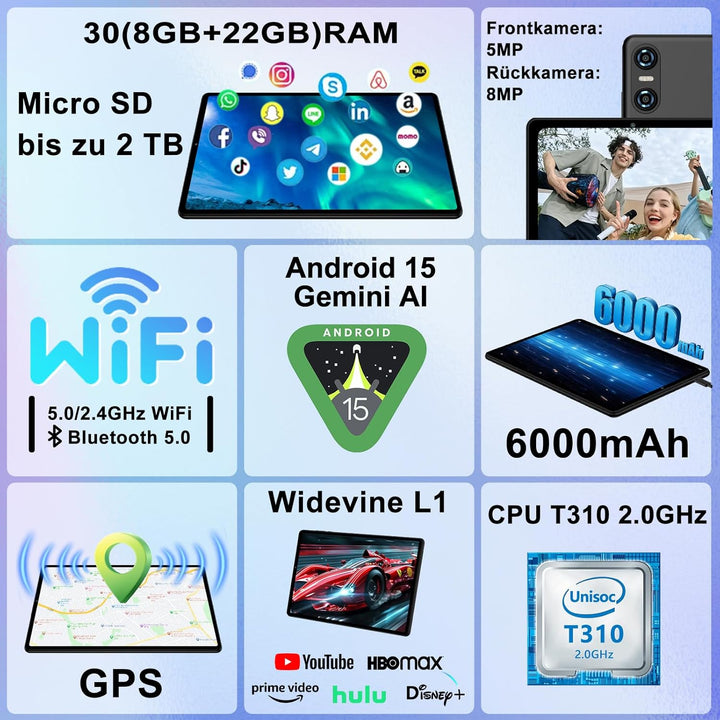 Android 15 Tablet 10 Zoll mit Gemini AI, 30 GB RAM + Erweiterbar auf 2 TB ROM, Widevine L1, 5G WLAN,