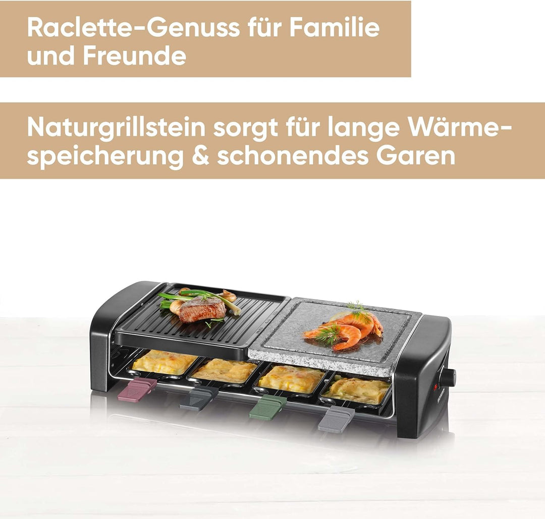 SEVERIN Raclette-Grill mit Naturgrillstein und Gussplatt, ca. 1.400 W, Inkl. 8 Pfännchen, RG