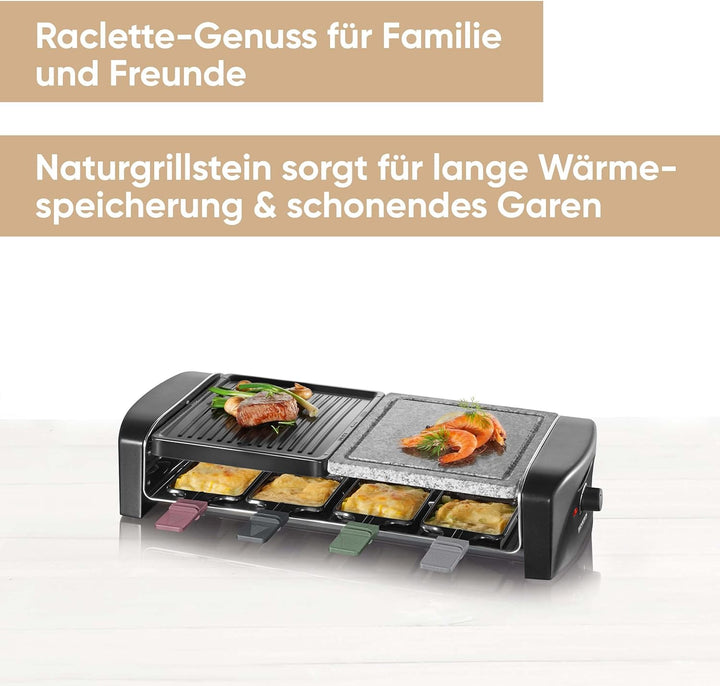 SEVERIN Raclette-Grill mit Naturgrillstein und Gussplatt, ca. 1.400 W, Inkl. 8 Pfännchen, RG