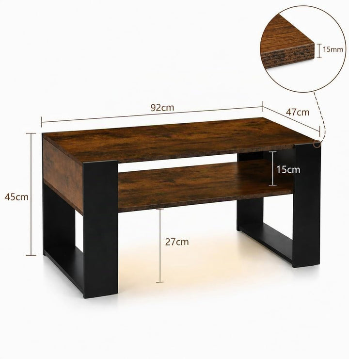 LED Couchtisch mit Stauraum, Wohnzimmertisch mit 2 Ebenen, moderner Sofatisch aus Holz, Beistelltisc