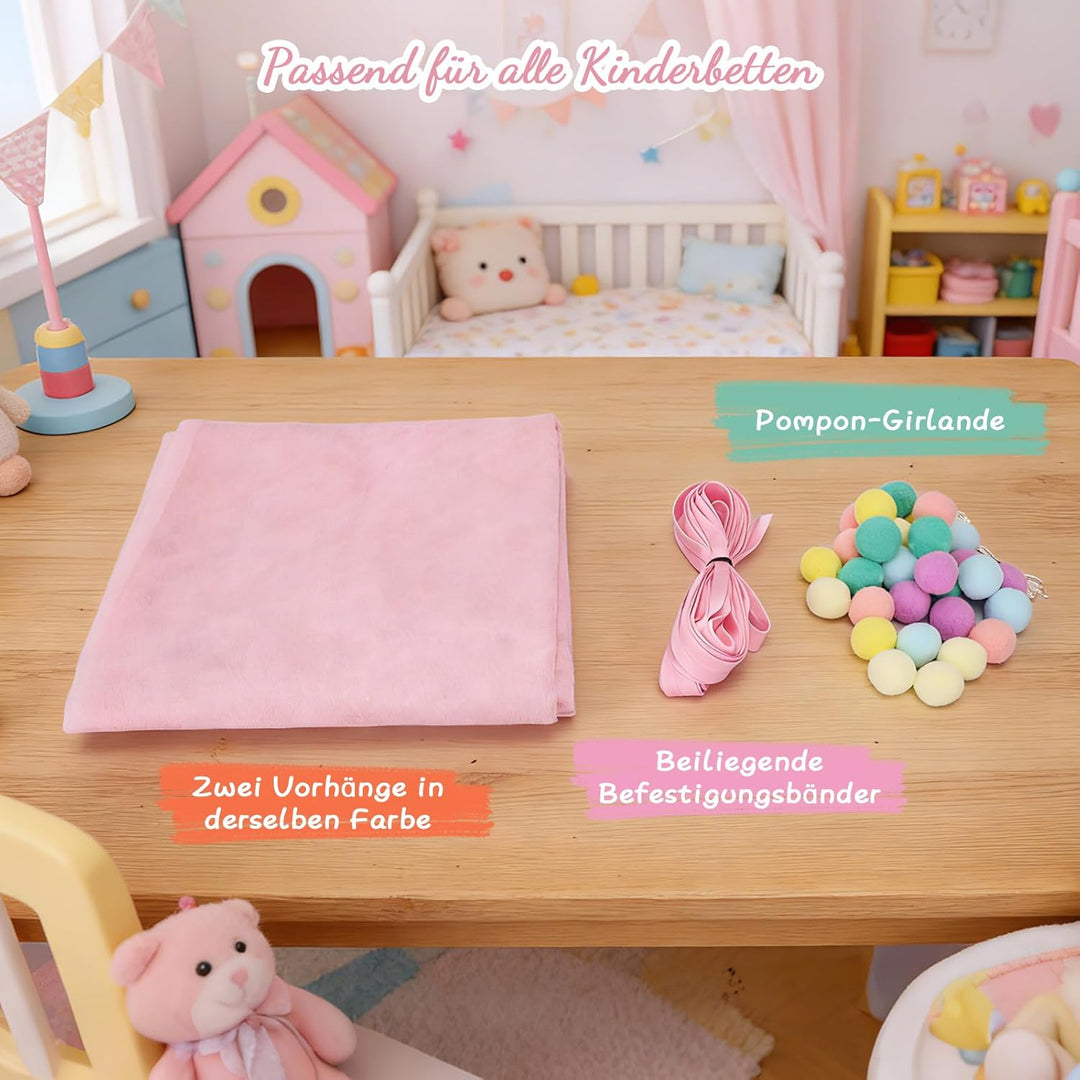 2 Stück Hausbett Himmel für Kinderbett, 160x350cm mit Farbiger Pompon-Girlande & Befestigungsbändern