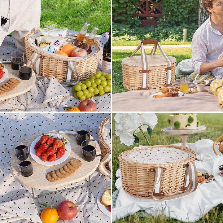 Picknickkorb-Set für 4 Personen – Isolierter Weidenkorb mit klappbarem Weintisch, Picknickset mit In