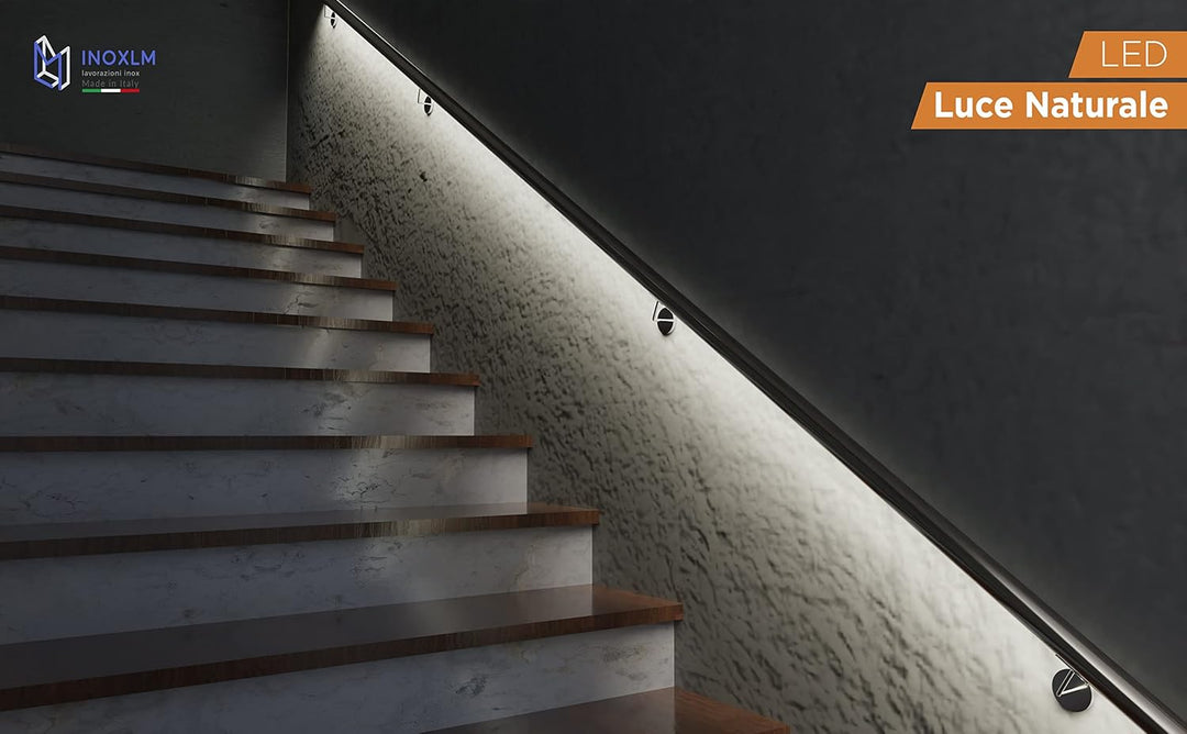 Treppengeländer aus Edelstahl mit LED naturweiss mehrfarbig (50 cm, Handlauf mit Vorrichtung für LED