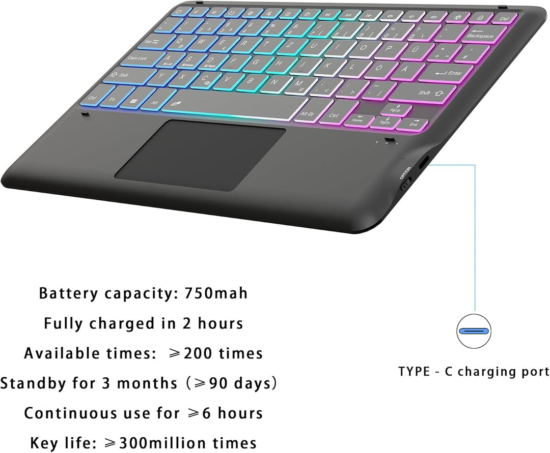 ROOFEI 12,4 Zoll Galaxy Tab S9 FE+/S9+/S10+ Hülle mit Tastatur QWERTZ : DIY 3-Zonen-7-Farbige Beleuc