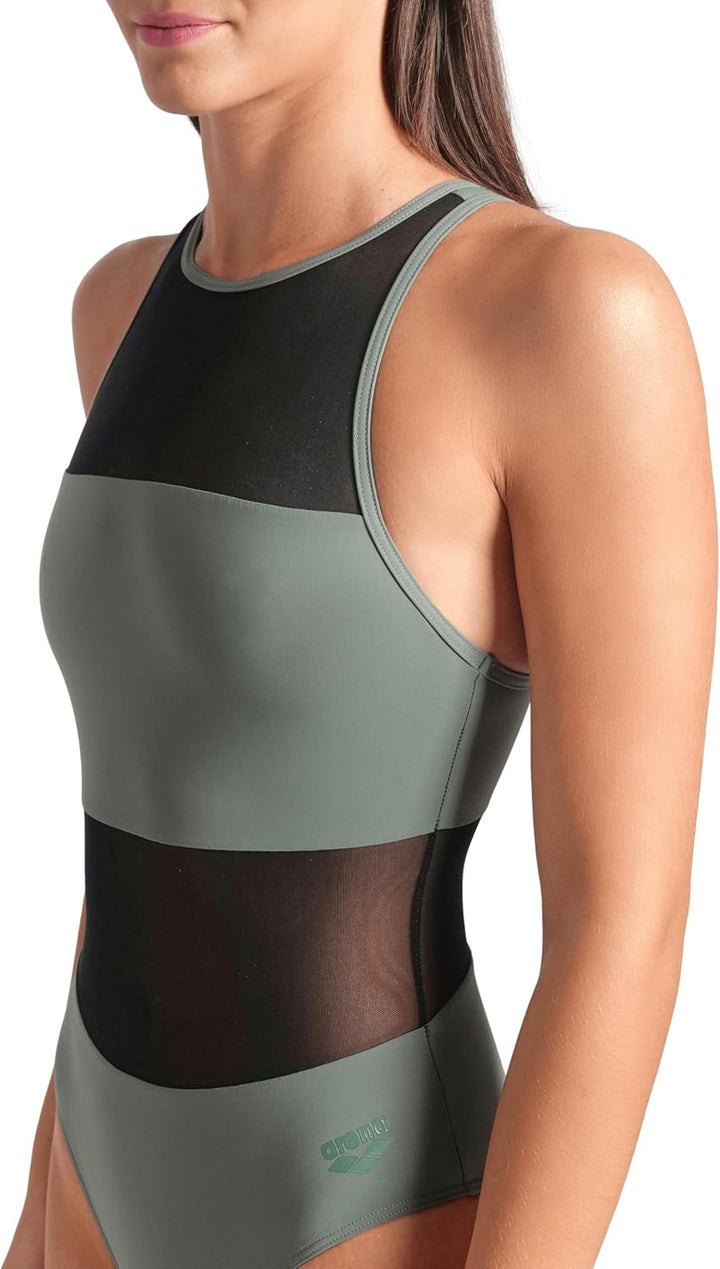 Arena Damen Arena Feel Women's Mesh Panels Vent Back Swimsuit Badeanzug (1er Pack) 40 Salbeigrün, 40