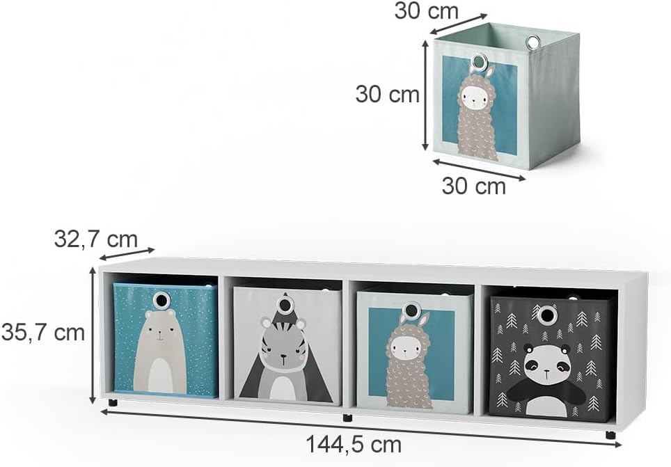 Vicco Kinderregal Weiss Ludus mit 4 Faltboxen - 143x36x33 cm gefertigt aus Spanplatte - Bücherregal