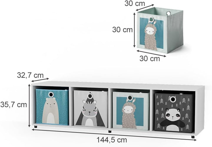 Vicco Kinderregal Weiss Ludus mit 4 Faltboxen - 143x36x33 cm gefertigt aus Spanplatte - Bücherregal