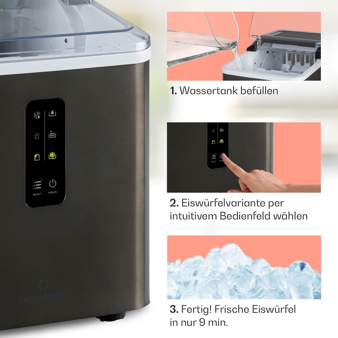 Klarstein Eiswürfelmaschine für Zuhause Camping Gastro, Schnelle Mini Eiswürfelmaschine Klein, Profi