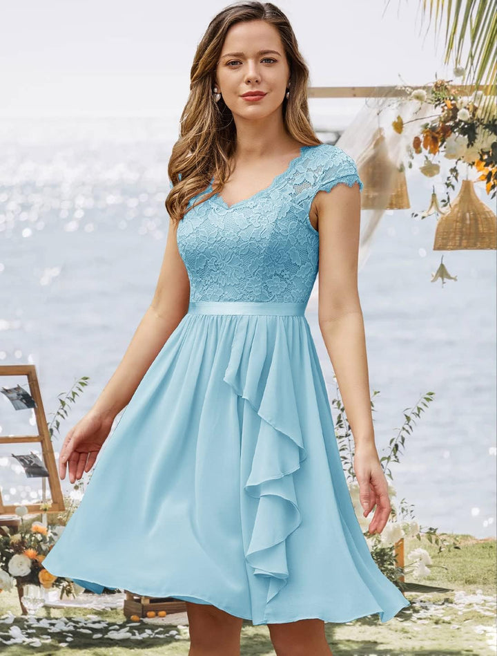 Wedtrend Cocktailkleid Damen Knielang Abendkleid Elegant für Hochzeit Elegant A Linie Rüschenkleid H