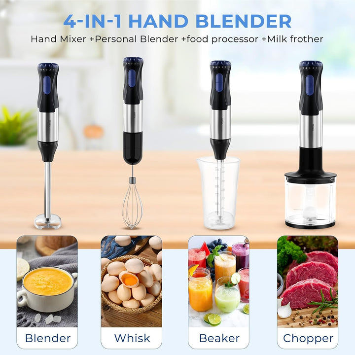 4-in-1 Stabmixer Edelstahl, 1000W Pürierstab mit 5 Geschwindigkeiten und Turbo-Modi, Schneebesen, 50