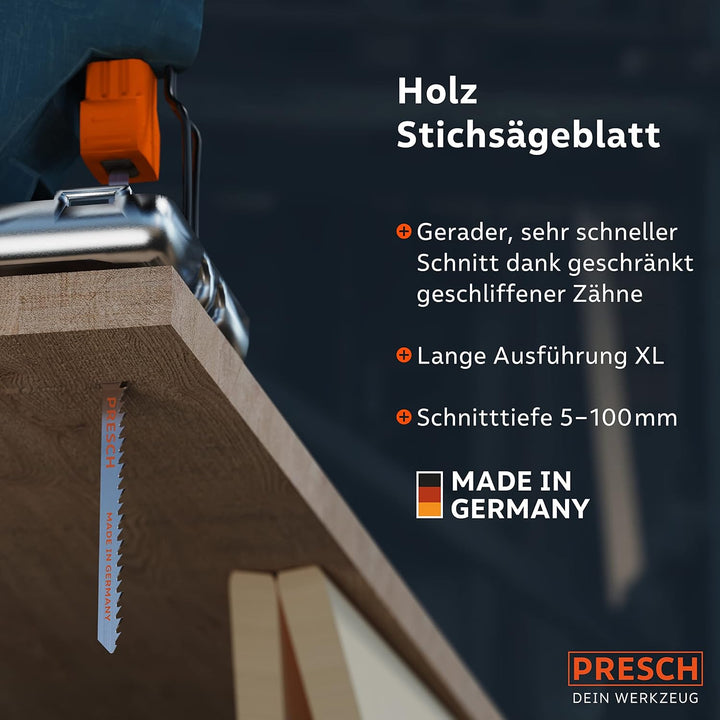 Presch Stichsägeblätter Holz 10 Stk. (Lang) - Extrem schneller, gerader Schnitt (5-100mm) - Profi St