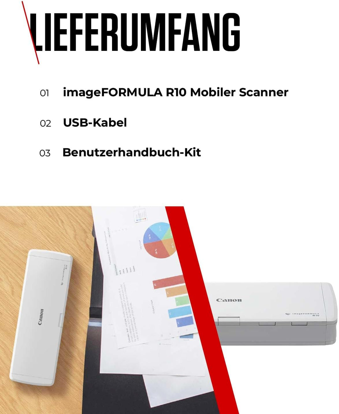 Canon R10 imageFORMULA Scanner Dokumentenscanner Mobil (Duplex Einzug, 600 DPI, eingebaute Plug und