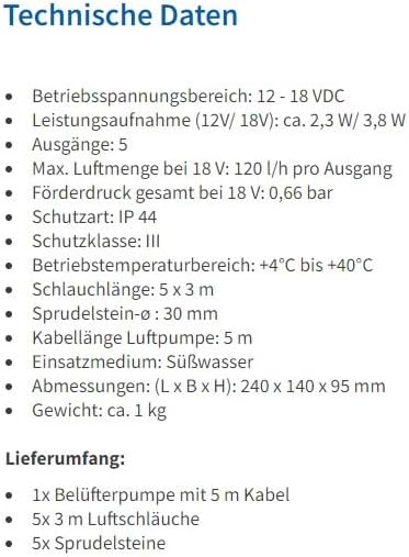 Solar Ersatzpumpe Power five Teichbelüfter 18V Betriebsspannung Sauerstoff Teich Gartenteich 101889