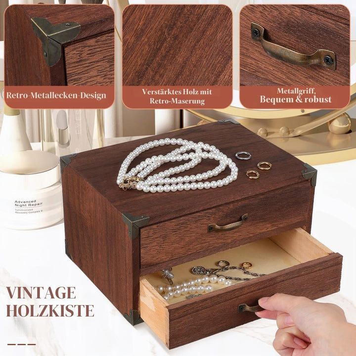 Kichvoe Holz Schubladenbox Vintage Desktop Aufbewahrungsbox Mit 2 Schubladen Für Schmuck Büro Und Zu