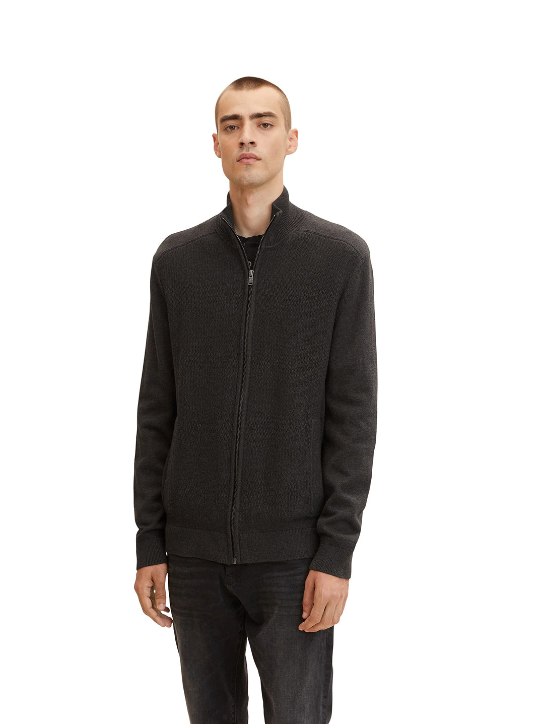 TOM TAILOR Herren Organic Cotton Cardigan with Stand-Up Collar S 10617 - Black Grey Melange, S 10617