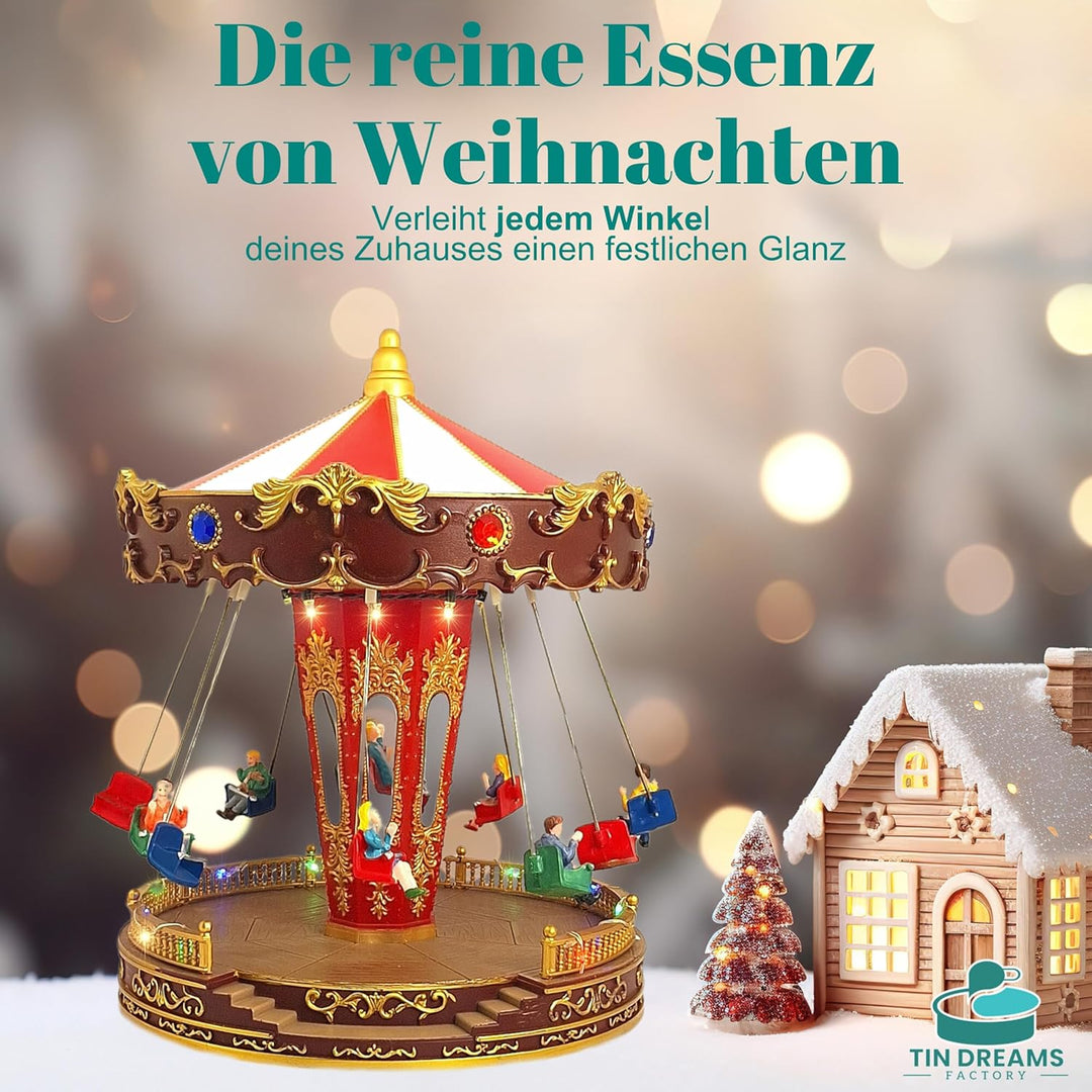 TIN DREAMS FACTORY Weihnachtsdorf mit Beleuchtung und Musik, Led-Karussell Weihnachten, Karussell Sp