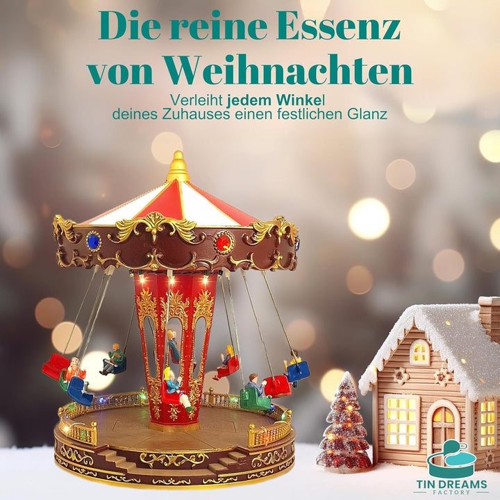 TIN DREAMS FACTORY Weihnachtsdorf mit Beleuchtung und Musik, Led-Karussell Weihnachten, Karussell Sp