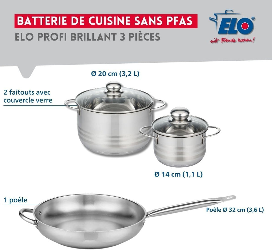 ELO 9873150 Kochgeschirr-Set, 3-teilig, 1 Bratpfanne 32 cm und 2 Kochtöpfe 14 und 20 cm Elo Profi, g