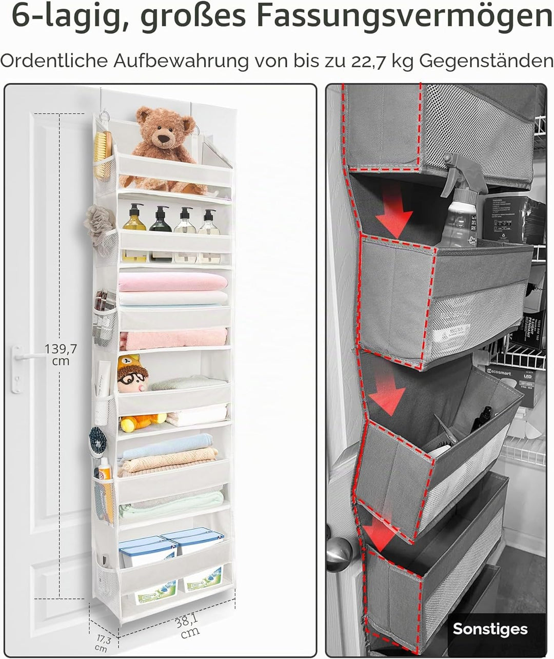 ULG Tür-Organizer mit 6 grossen Taschen, 12 Seitentaschen, 22,7 kg Tragkraft, Tür-Hängeorganizer für